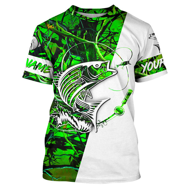 Custom Striped Bass Long Sleeve Fishing Shirts, Striper Bass Shirt Fishing Jerseys | Green Camo IPHW3953