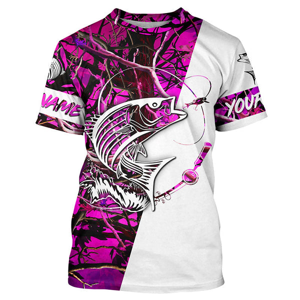 Custom Striped Bass Long Sleeve Fishing Shirts, Striper Bass Fishing Jerseys For Women | Pink Camo IPHW3954