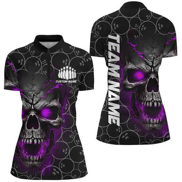 Custom Purple Skull Bowling Polo Shirts For Women, Bowling Pattern Bowling Team Jerseys IPHW5237