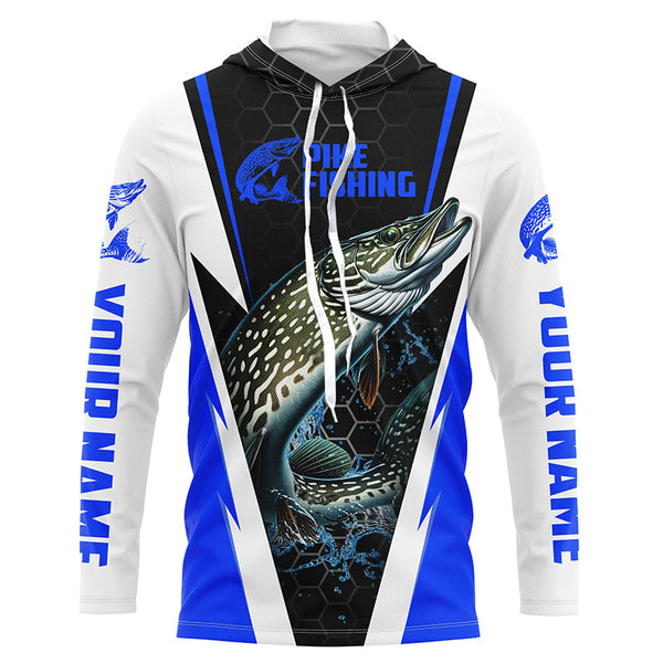 Custom Northern Pike Fishing Jerseys, Pike Long Sleeve Performance Fishing Shirts | Blue IPHW6071