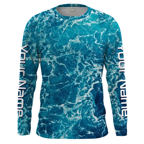 Custom Saltwater Long Sleeve performance Fishing Shirts for anglers | teal blue  Sea wave camo Fishing jerseys - IPHW1328