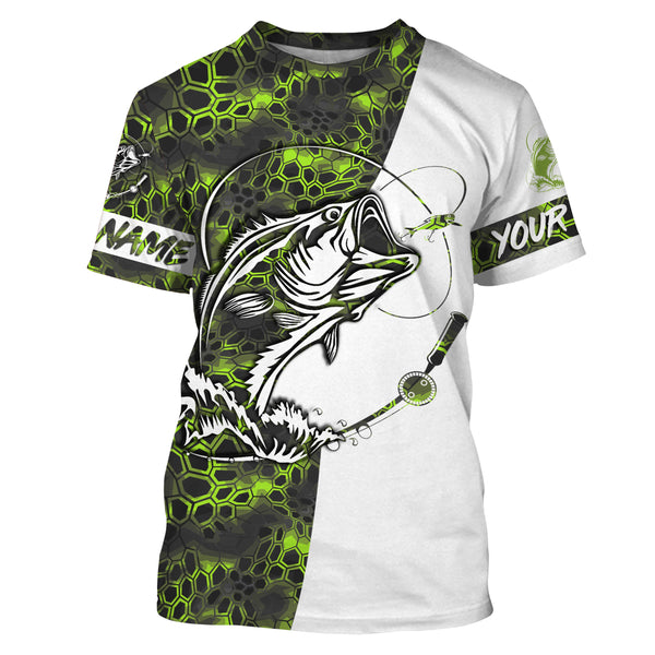 Custom Bass Fishing Long Sleeve performance Camo Fishing Shirts, Personalized Fishing gifts for men | green camo - IPHW2107