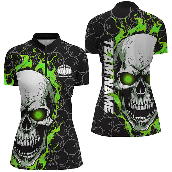 Custom Flaming Skull Team Bowling Shirts For Women, Halloween Bowling Jerseys | Green IPHW5149