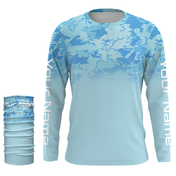 Personalized Blue fade camo Long sleeve performance Fishing Shirts UV Protection, blue camouflage Fishing jerseys - IPHW1818