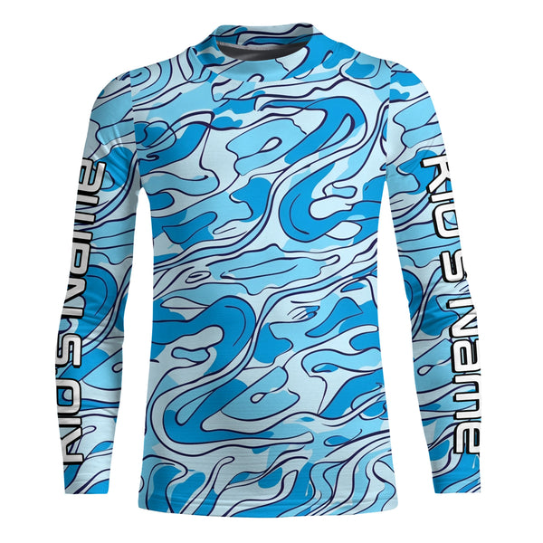 Turquoise Blue Camo Custom Long Sleeve Performance Fishing Shirts, Blue Camouflage Fishing Jerseys IPHW5972