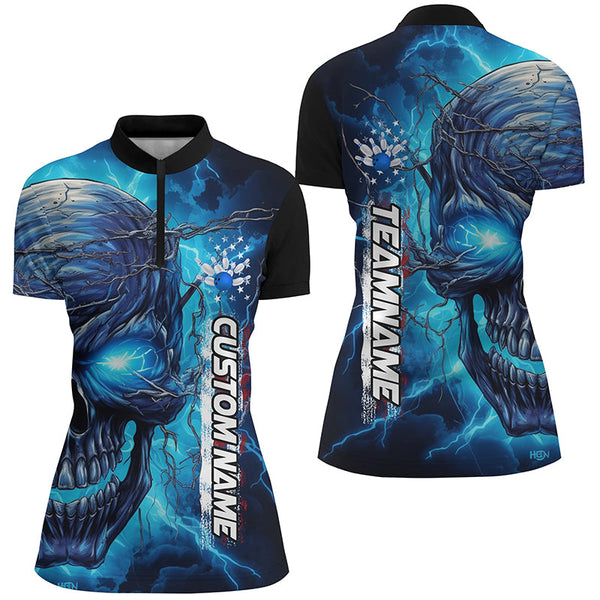 Blue Thunder Lightning Custom Bowling Team Shirts For Women, Personalized Bowling Jerseys IPHW5188