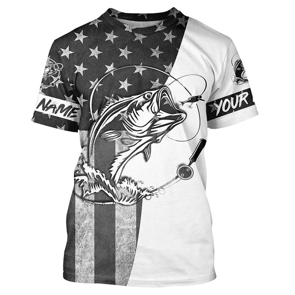 Black And White American Flag Bass Fishing Shirts, Personalized Patriotic Bass Fishing Jerseys IPHW4130