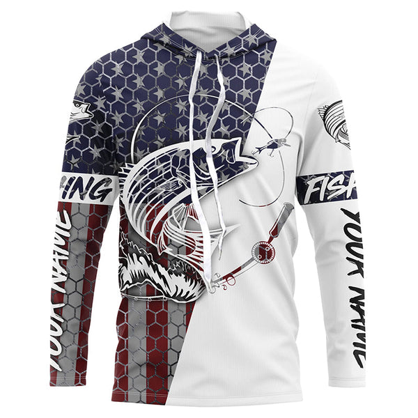 American Flag Striped Bass Custom Long Sleeve Fishing Shirts, Patriotic Striper Fishing Jerseys IPHW4140