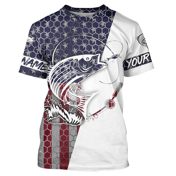 American Flag Striped Bass Custom Long Sleeve Fishing Shirts, Patriotic Striper Fishing Jerseys IPHW4140