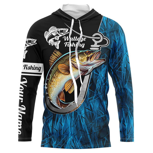 Fish Hook Walleye Fishing Custom Long Sleeve Tournament Fishing Shirts Fishing Jerseys | Blue Camo IPHW5736