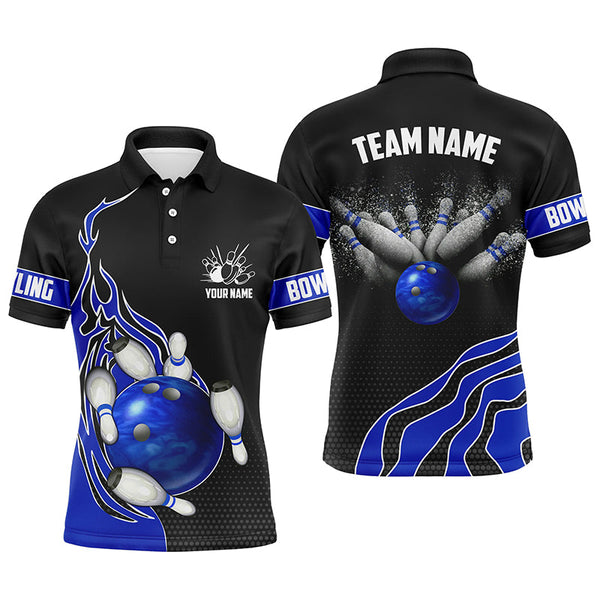 Blue Flame Bowling Polo Shirts For Men Bowling Ball, Custom Bowling Team Jerseys Bowler Outfits IPHW5217