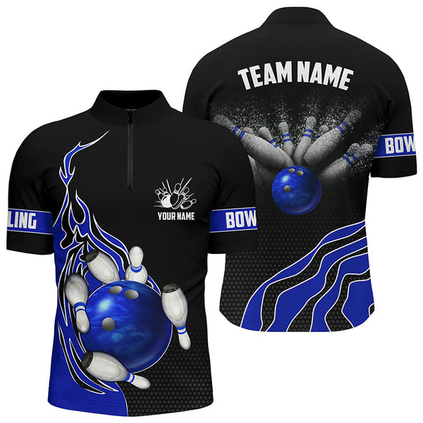 Blue Flame Bowling Polo Shirts For Men Bowling Ball, Custom Bowling Team Jerseys Bowler Outfits IPHW5217