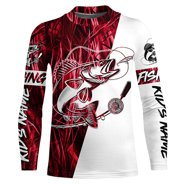 Walleye Fishing Red Camo Custom Long Sleeve Fishing Shirts, Walleye Tournament Fishing Jerseys IPHW6062