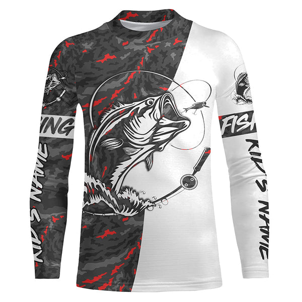Personalized Bass Fishing Jerseys, Largemouth Bass Tournament Fishing Shirts | Red And Black Camo IPHW3992