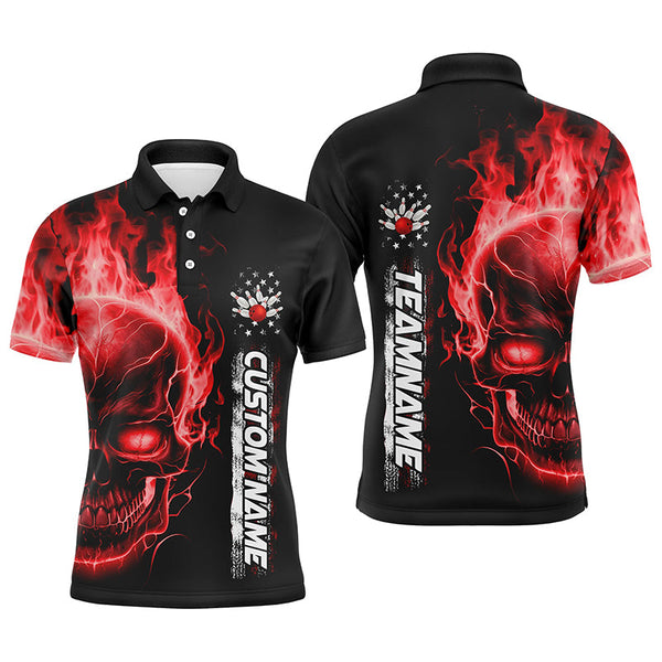 Flame Skull American Flag Custom Team Bowling Shirts For Men, Patriotic Bowling Shirt IPHW5155