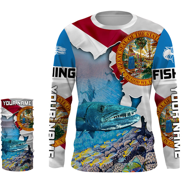Florida Great Barracuda Custom Long Sleeve performance Fishing Shirts, Florida Flag Fishing jerseys - IPHW1826