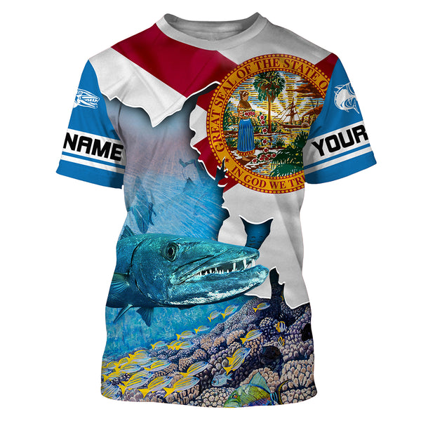Florida Great Barracuda Custom Long Sleeve performance Fishing Shirts, Florida Flag Fishing jerseys - IPHW1826