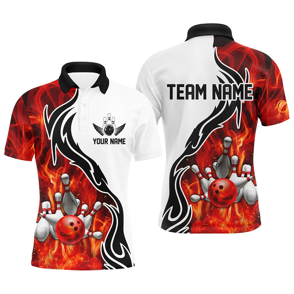 Custom Red Flame Bowling Polo Shirts For Men, Bowling Team Jerseys Bowler Outfit IPHW5214
