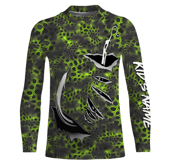 Personalized Fish Hook Custom Long Sleeve performance Camo Fishing Shirts, Custom Fishing gift ideas | green camo - IPHW2109