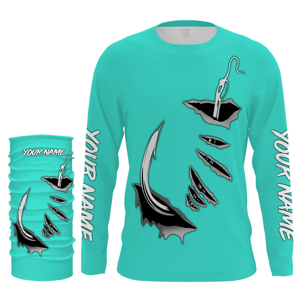 Fish hook Custom Turquoise blue Long Sleeve performance Fishing Shirts Fishing jerseys - IPHW1490