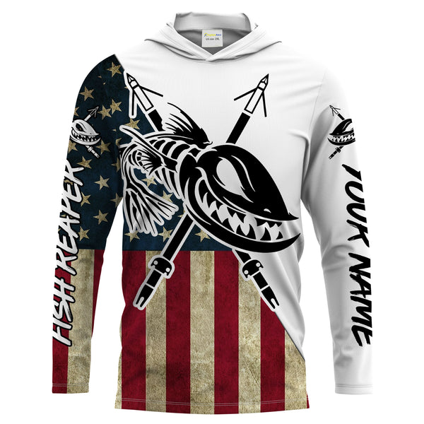 Custom Bowfishing American Flag Fishing Shirts, Bow Fishing Long Sleeve Performance Fishing Shirts - IPHW1058