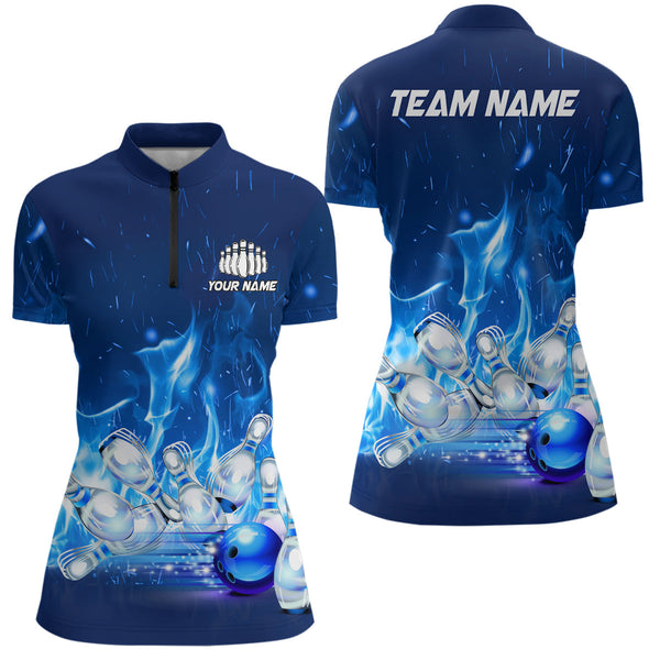 Custom Bowling Shirts For Women Blue Flame Bowling Team Jersey Bowling League Outfits Bowlers Gifts IPHW5493