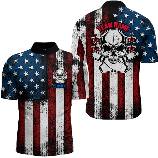 American Flag Skull Custom Team Bowling Shirts For Men, Patriotic Bowling Jerseys IPHW5157