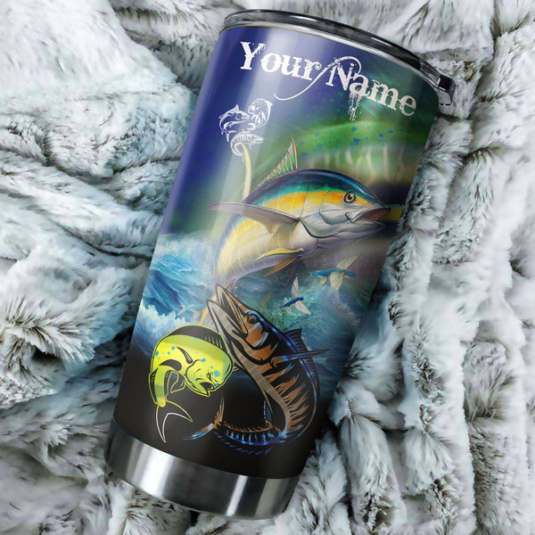 Mahi-mahi, Wahoo, Tuna saltwater fishing Customize name Stainless Steel Tumbler Cup, Fishing gift for Fishing lovers - NQS2105