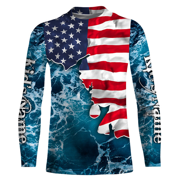American Flag Sea Waves Fishing Custom Name Performance Shirts UV Protection Quick Dry UPF 30+ FSD2618