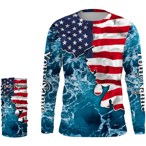American Flag Sea Waves Fishing Custom Name Performance Shirts UV Protection Quick Dry UPF 30+ FSD2618