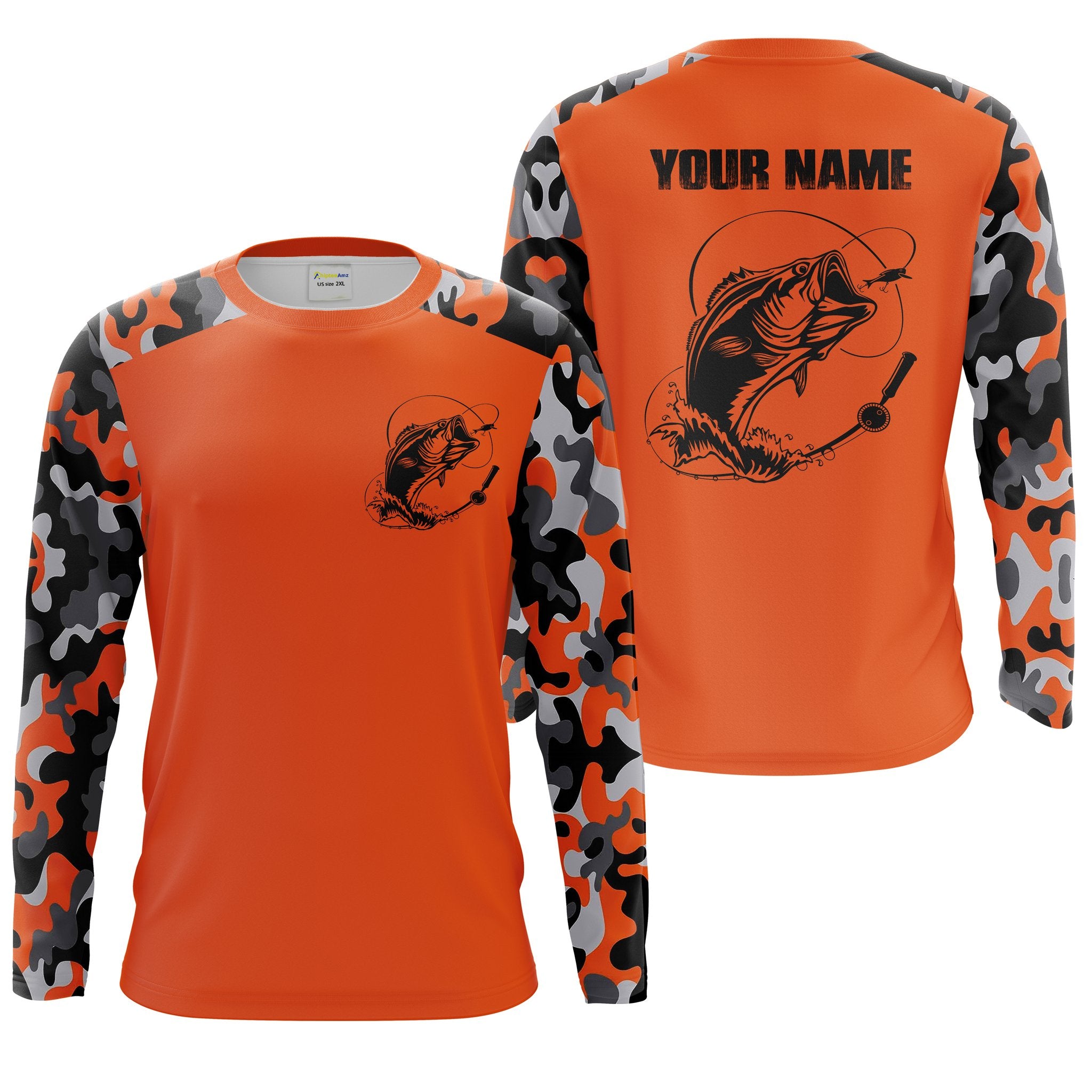 Custom Name Bass Fishing Camouflage Orange Performance Fishing Shirt, Bass Fishing Jerseys FSD2272