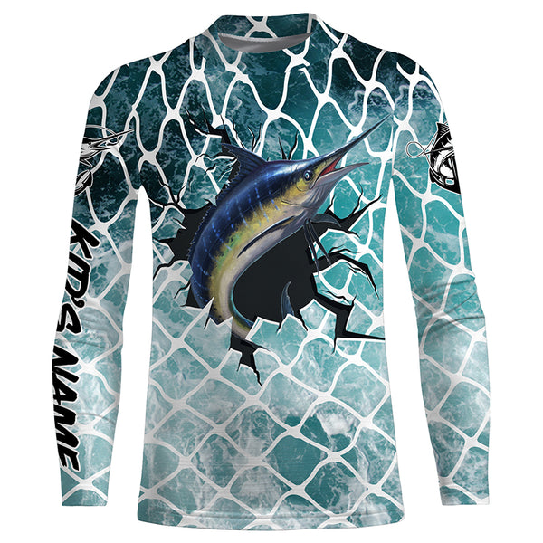 Marlin Fishing blue sea background Custom long sleeve performance fishing shirts TTS0160