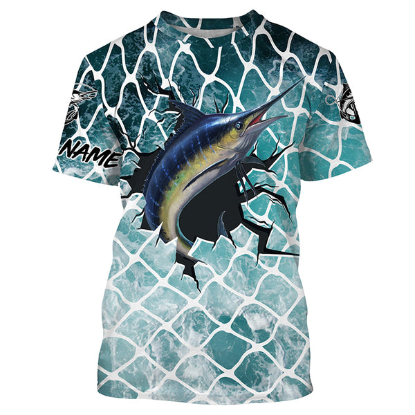 Marlin Fishing blue sea background Custom long sleeve performance fishing shirts TTS0160