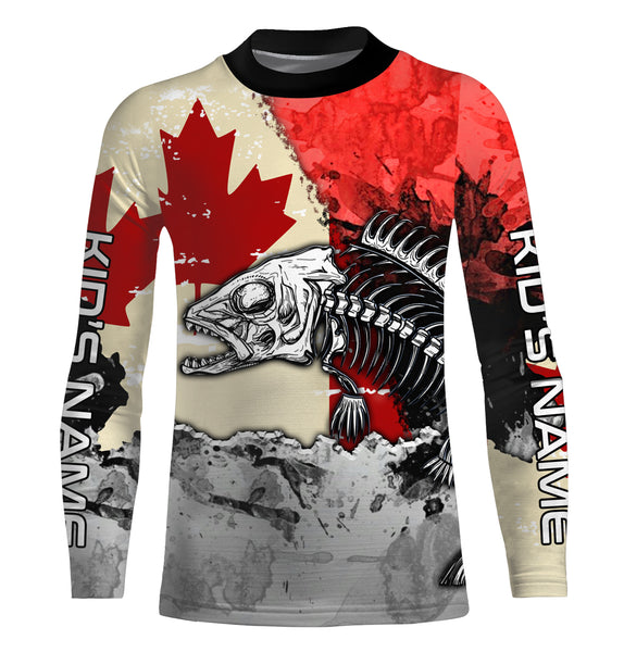 Canada Flag Fish Skeleton Custom name Long Sleeve tournament Fishing jerseys Shirts UPF 30+ for Fisherman TTS0394