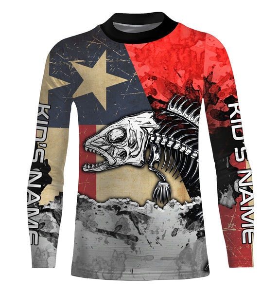 Texas Flag Fish Skeleton Custom name Long Sleeve tournament Fishing jerseys Shirts UPF 30+ for Fisherman TTS0409