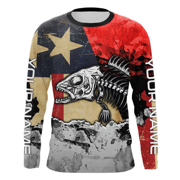 Texas Flag Fish Skeleton Custom name Long Sleeve tournament Fishing jerseys Shirts UPF 30+ for Fisherman TTS0409