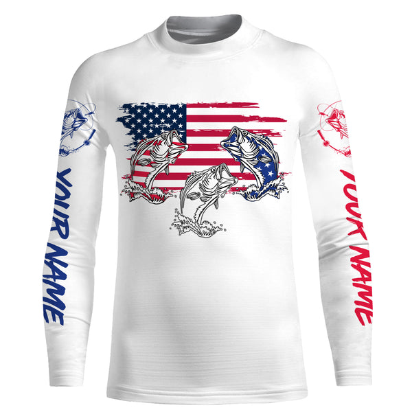 Three Bass Fishing American Flag Long Sleeve performance Fishing Shirts, Bass Fishing jerseys TTS0152