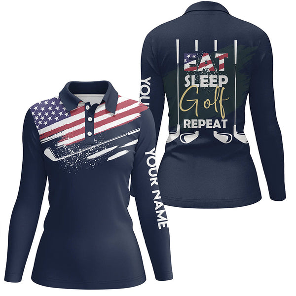 Eat Sleep Golf Repeat American Flag Womens Golf Polo Shirt, Custom Name Navy Golf Shirts For Women LDT0024