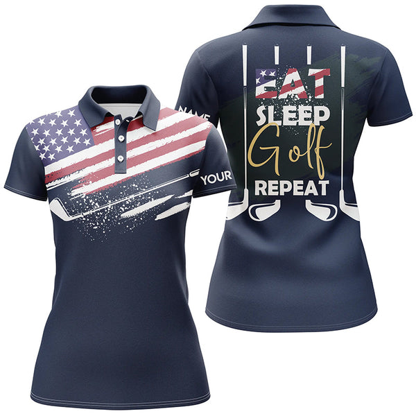 Eat Sleep Golf Repeat American Flag Womens Golf Polo Shirt, Custom Name Navy Golf Shirts For Women LDT0024