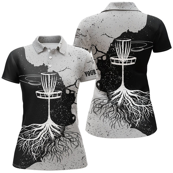 Womens Disc Golf Polo Shirt Custom Name Black & Grey Disc Golf Basket, Disc Golf Shirts For Women LDT0060