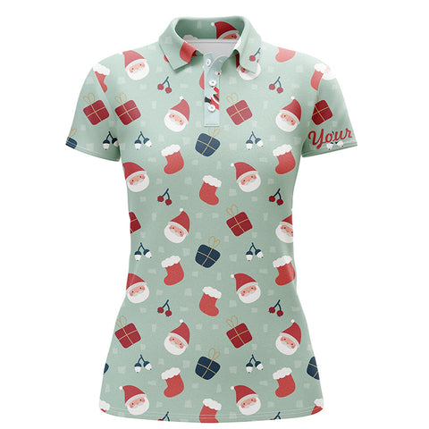 Christmas Pattern With Gifts And Santa Golf Polo Shirts Light Green Golf Shirts For Women LDT0612