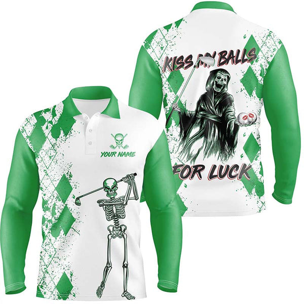 Mens Kiss My Balls Golf Polo Shirts Skeleton Green Argyle Scary Halloween Golf Shirts For Men  LDT0324