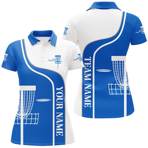 Personalized Disc Golf Basket Blue White Womens Polo Shirt Custom Disc Golf Shirts For Women LDT1250