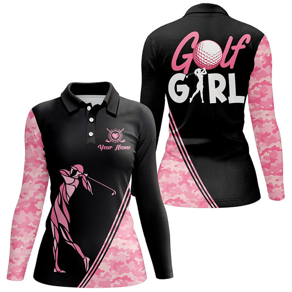 Pink Camo Pattern Women Custom Name Polo Golf Girl Shirt, Best Pink Golf Shirt For Ladies LDT0012