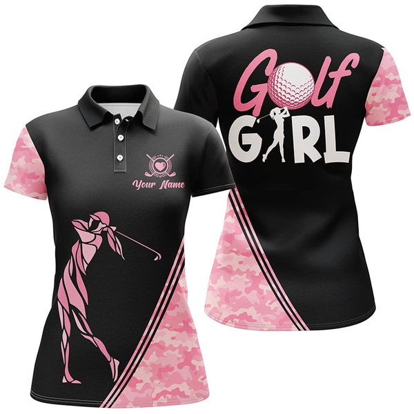 Pink Camo Pattern Women Custom Name Polo Golf Girl Shirt, Best Pink Golf Shirt For Ladies LDT0012