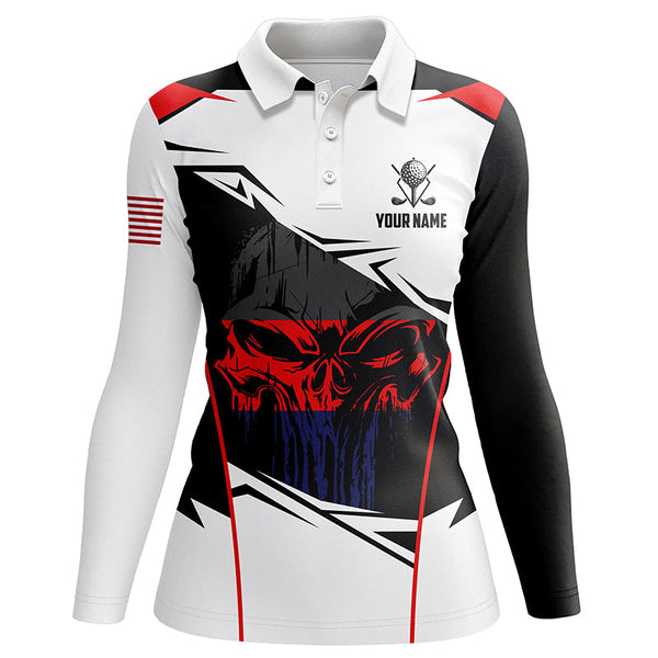 American Flag Skull Golf Polo Shirts, Custom Name Golf Shirts For Women, Patriotic Golf Gifts LDT0215