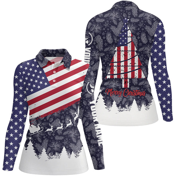 Merry Christmas Usa Flag Golf Polo Shirts Custom Patriotic Golf Shirts For Women Golf Gifts LDT0576