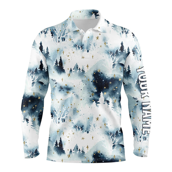 Watercolor Night Sky Forest Christmas Trees Men Golf Polo Shirts Christmas Golf Shirts For Men LDT0658
