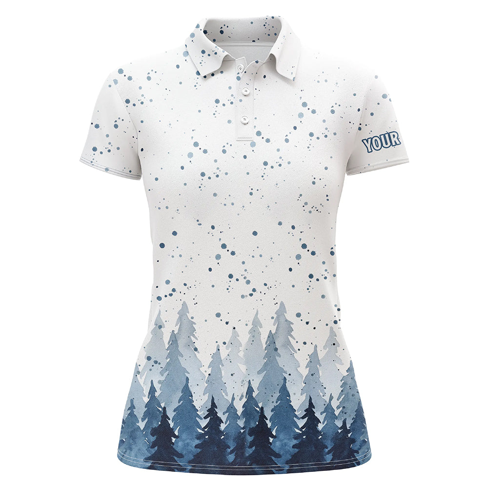 Watercolor Indigo Blue Christmas Trees & Snowfall Golf Polo Shirt Winter Golf Shirt For Women LDT0659