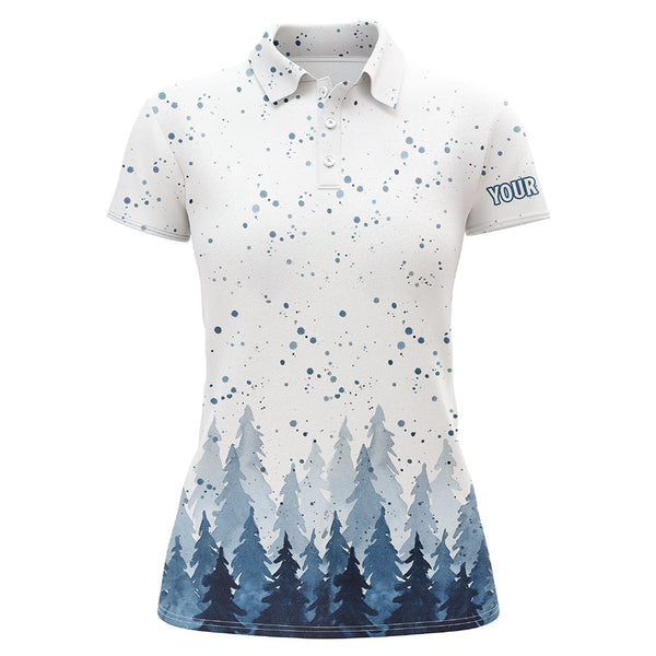 Watercolor Indigo Blue Christmas Trees & Snowfall Golf Polo Shirt Winter Golf Shirt For Women LDT0659